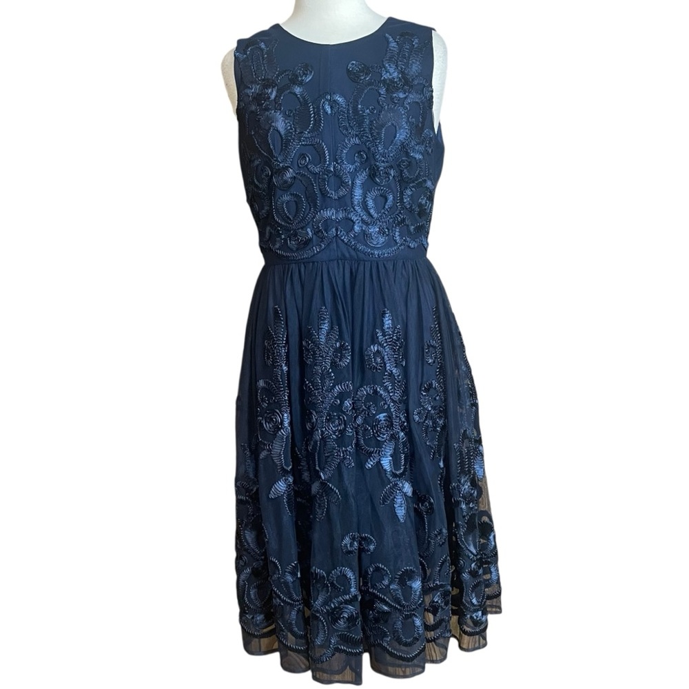 Badgley Mischka Vara blue ribbon appliqué dress 10